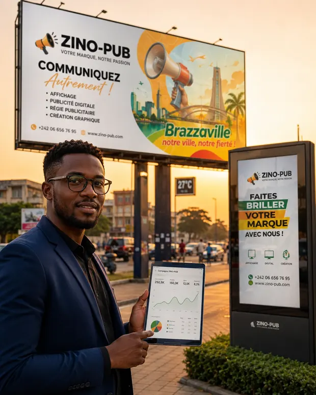 Panneau publicitaire ZINO-PUB à Brazzaville, avec écran digital et tableau de bord des campagnes
